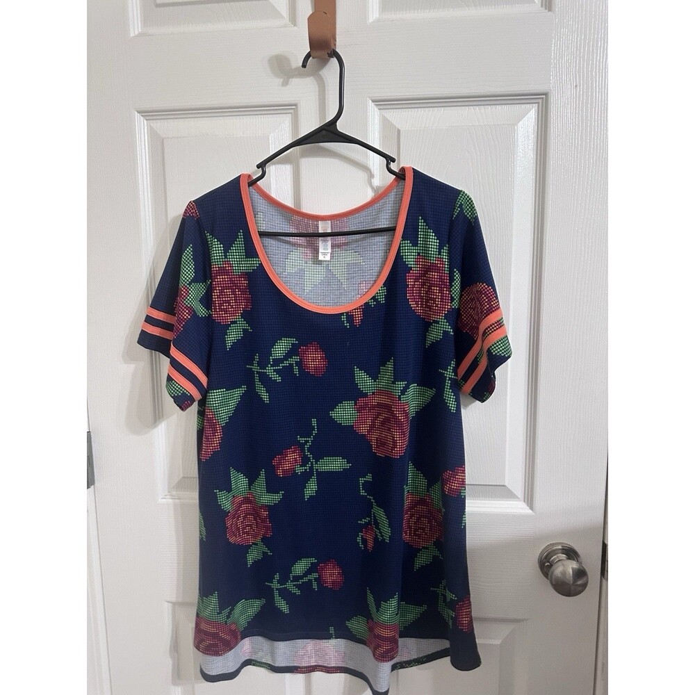 LuLaRoe XL Navy Red Green Pink Floral Scoop Neck Striped Sleeve Top